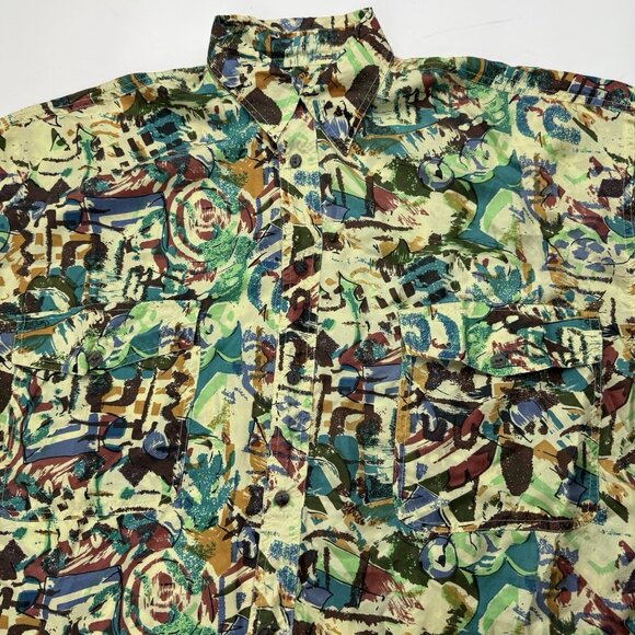 Vintage SUBSTUDIO Mens S Green Abstract Art Silk Button Up Long Sleeve Shirt 90s - Picture 3 of 6